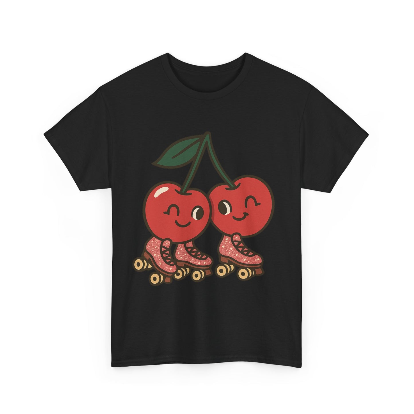 Ilustración de cerezas en patines, diseño italiano, arte retro con purpurina y frutas sobre ruedas