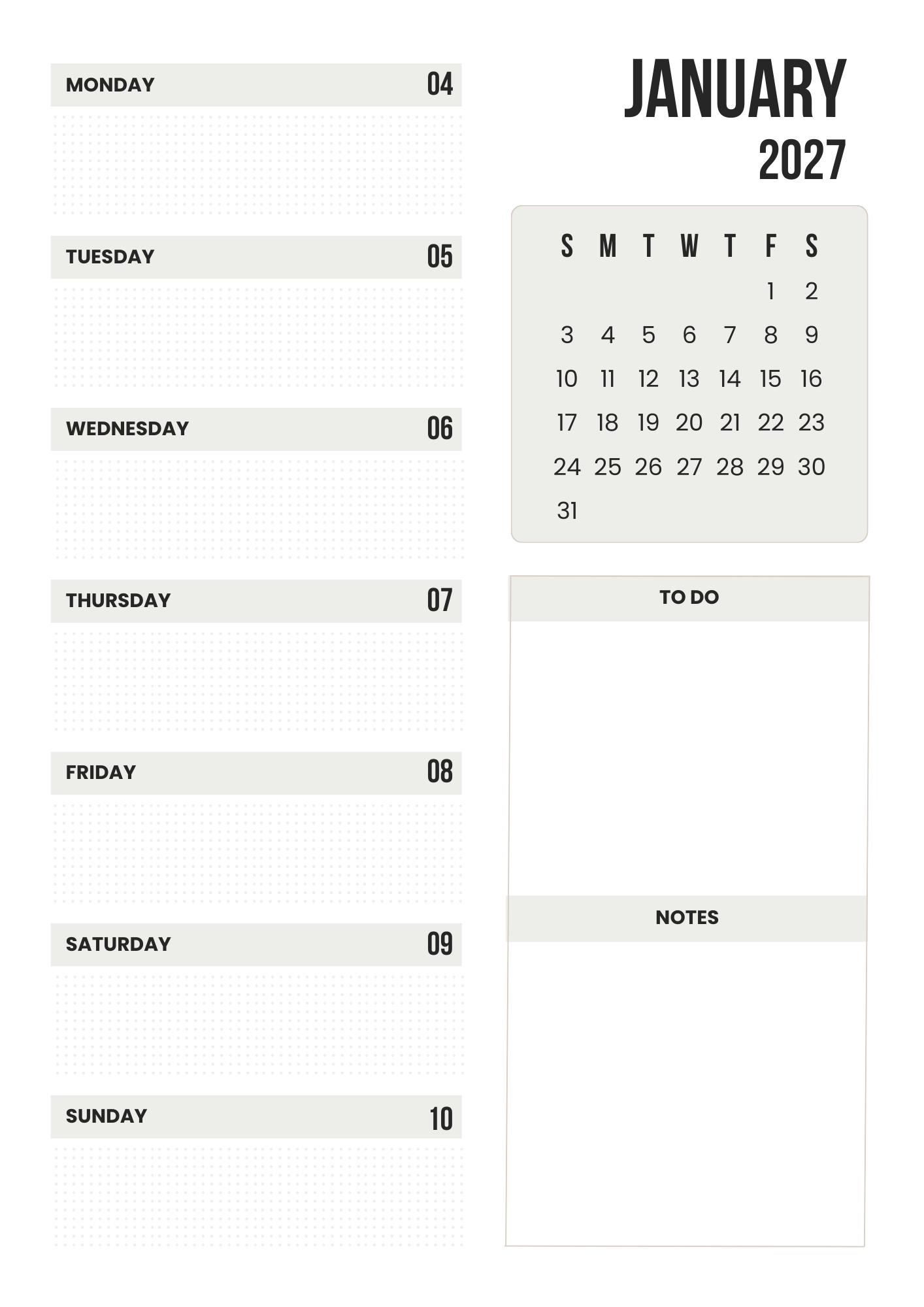 Calendario 2027 imprimible, planificador mensual, semanal y anual, tamaño carta A4, PDF