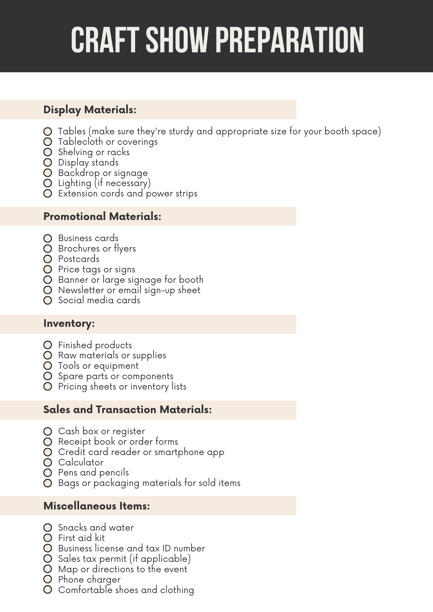 Arts and Crafts Checklists