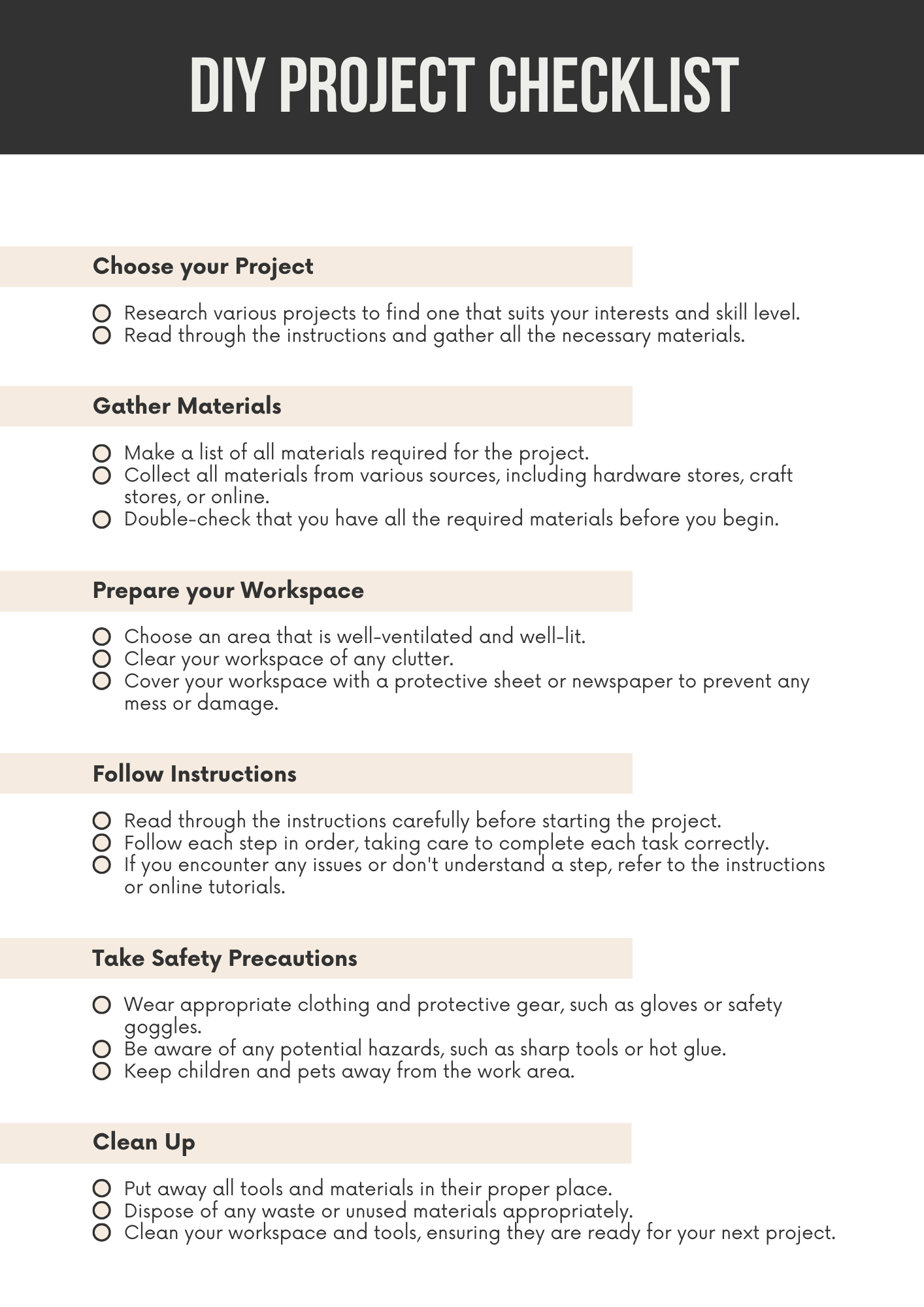 Arts and Crafts Checklists