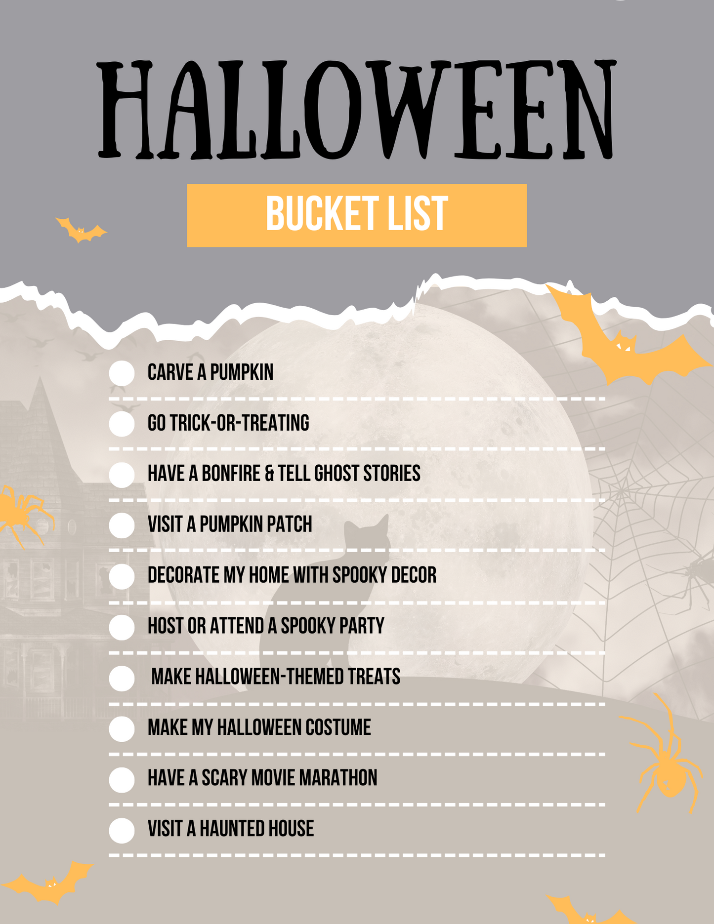 Halloween Bucket List Editable Canva Template for Spooky Season Fun