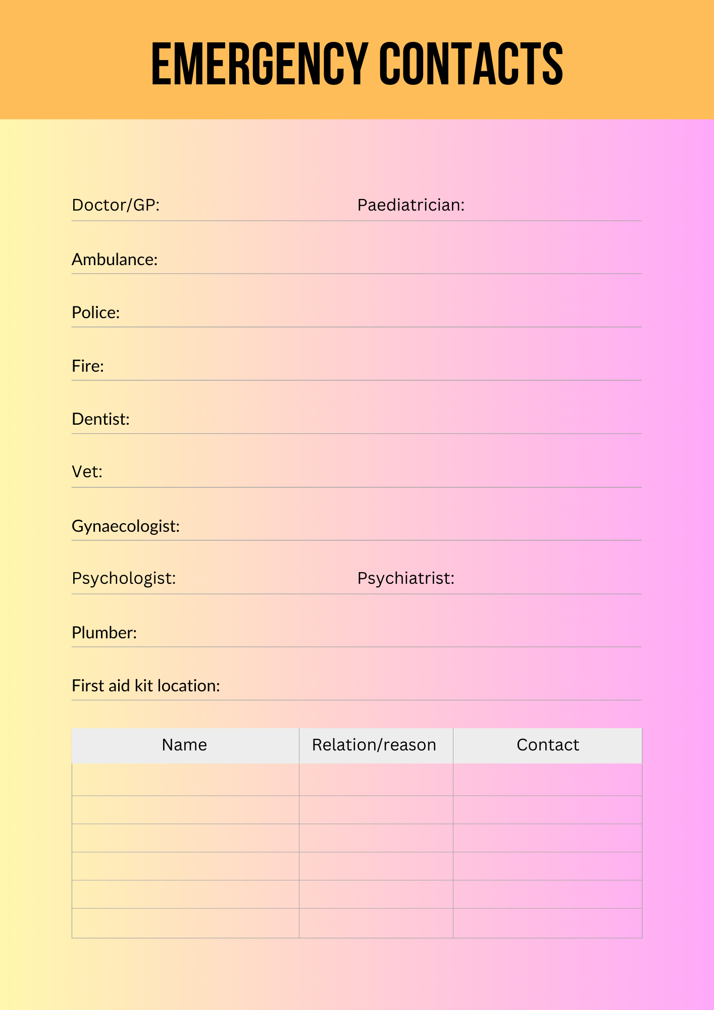 Journal Sheet - Emergency Contacts