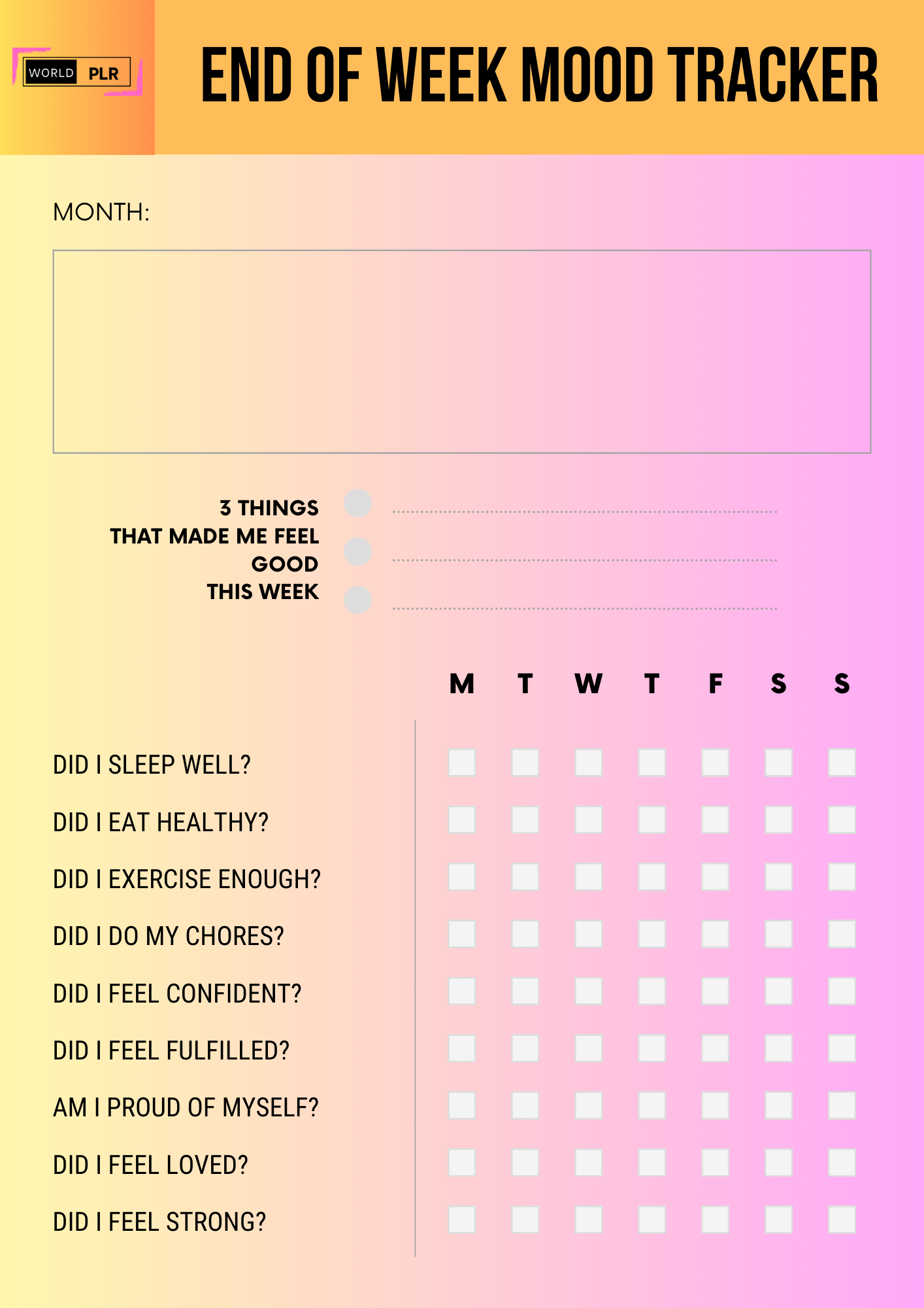 Journal Sheet - End of Week Mood Tracker