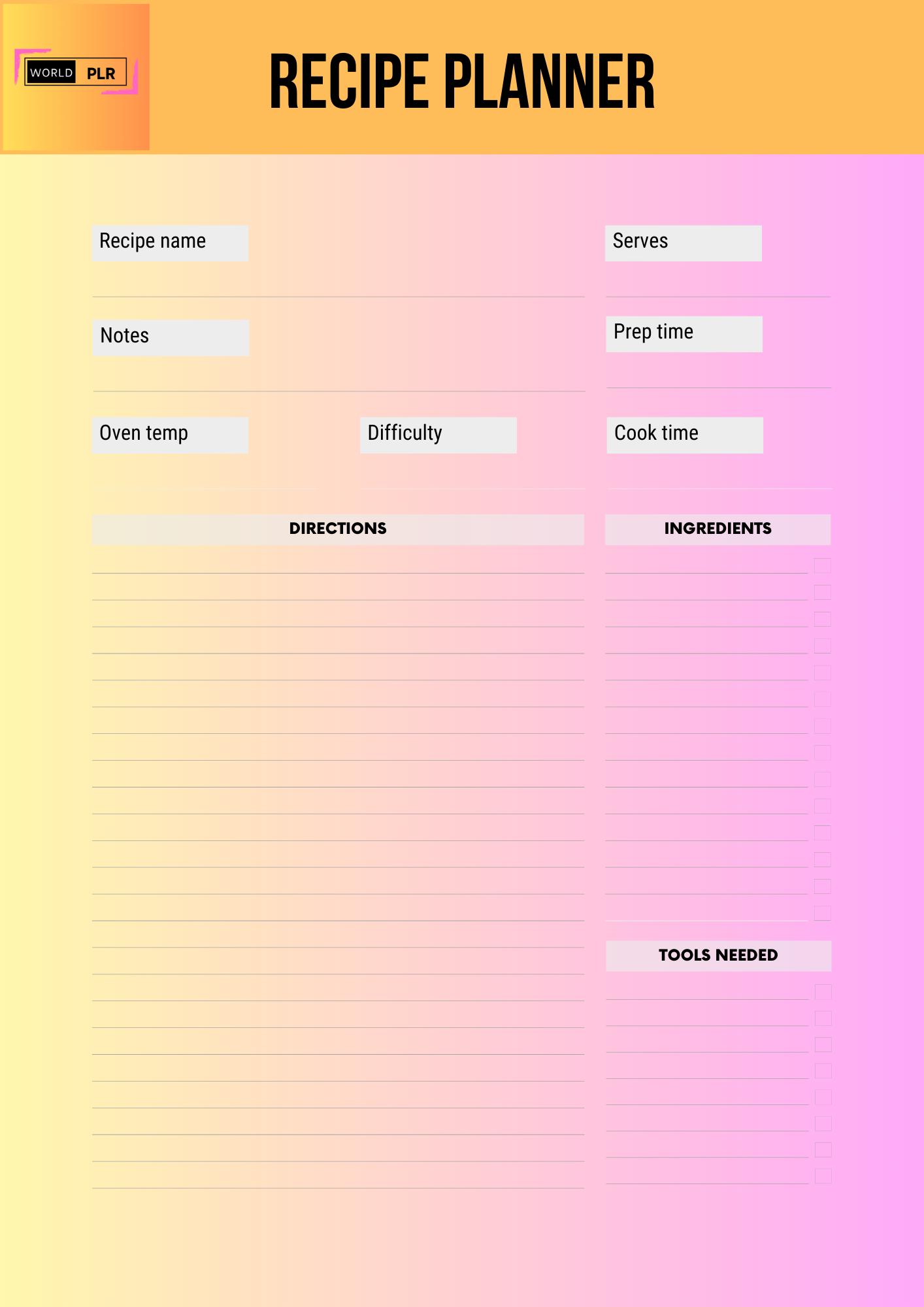Journal Sheet - Recipe Planner