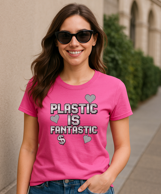 Y2K Pixel Cloth T-Shirt - PLASTIC IS FANTASTIC | 8-Bit Silver Glitter Tee | Retro Barbiecore Money Shirt