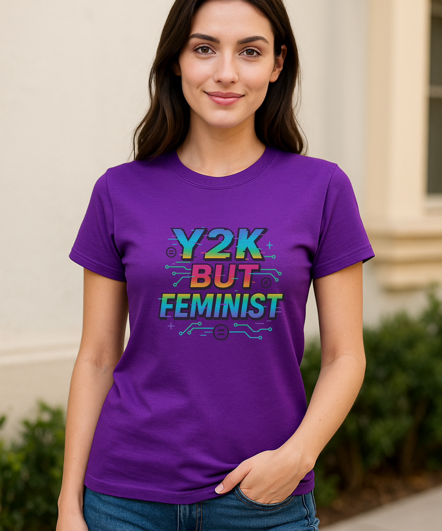 Y2K Glitch Cloth T-Shirt - Y2K BUT FEMINIST | Rainbow Tech Equality Tee | Digital Empowerment Graphic