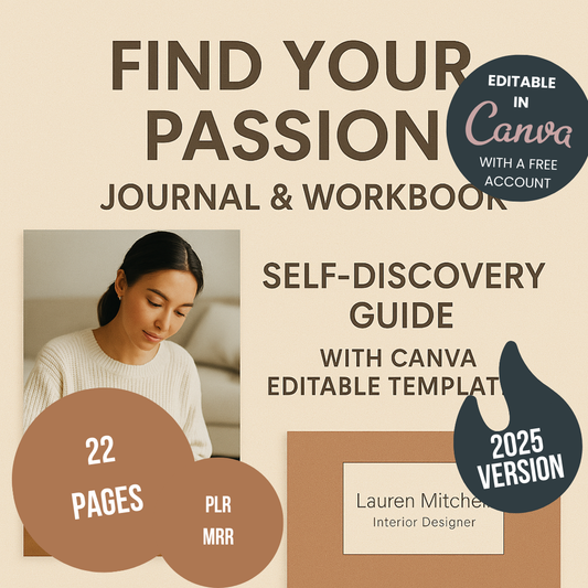 Find Your Passion Journal &amp; Workbook Self-Discovery Guide with Canva Editable Templates