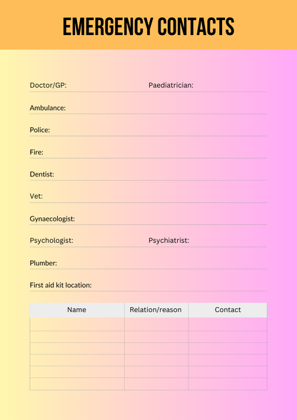 Journal Sheet - Emergency Contacts